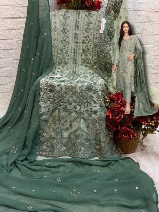 GEORGETTE EMBROIDERED WITH HANDWORK TREE PEICE.